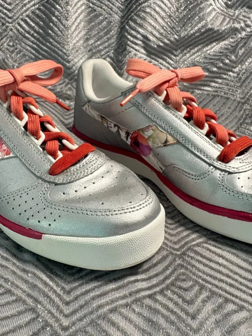 Diadora Women 6 Metalic Silver Sneakers Hand-Embellished Floral Design